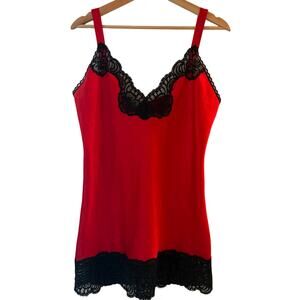VINTAGE Red with Black Lace Lingerie Slip Nightgown | Size M